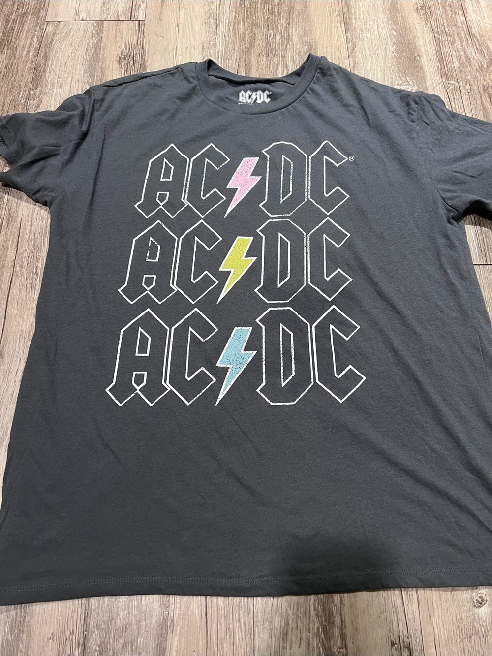 AC/DC Black Short Sleeve Tee with Pink, Yellow & Blue Lightning Bolts